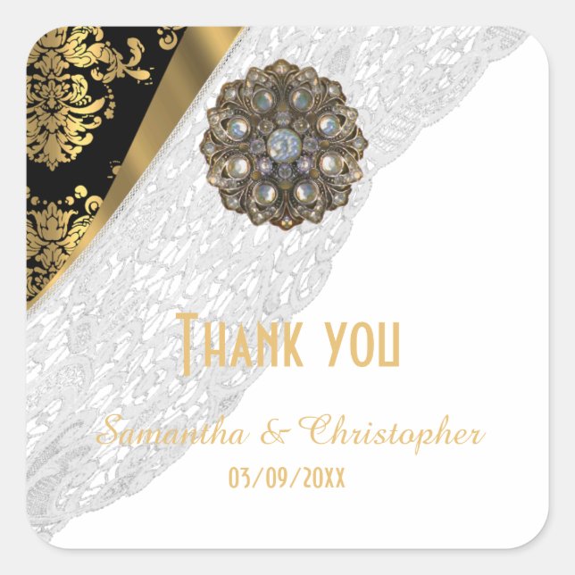 White lace, gold, black damask pattern thank you square sticker (Front)