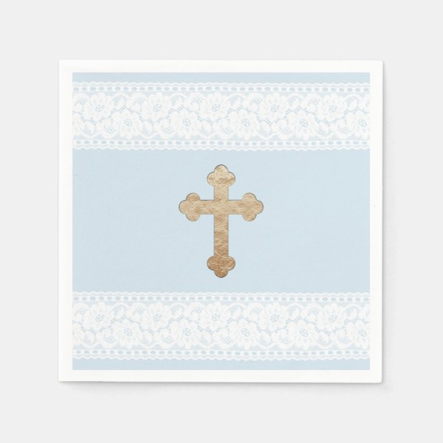 White Lace Gold Cross Baby Blue Religious Paper Napkin (Front)