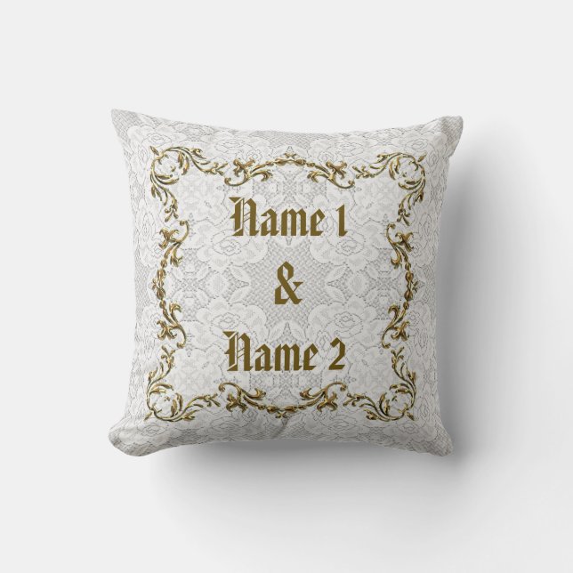 White Lace & Gold Wedding Custom Names Date Pillow (Front)