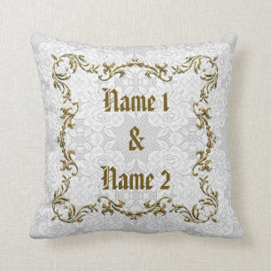 White Lace & Gold Wedding Custom Names Date Pillow