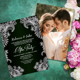 White Lace Green Custom Photo Wedding After Party Invitation