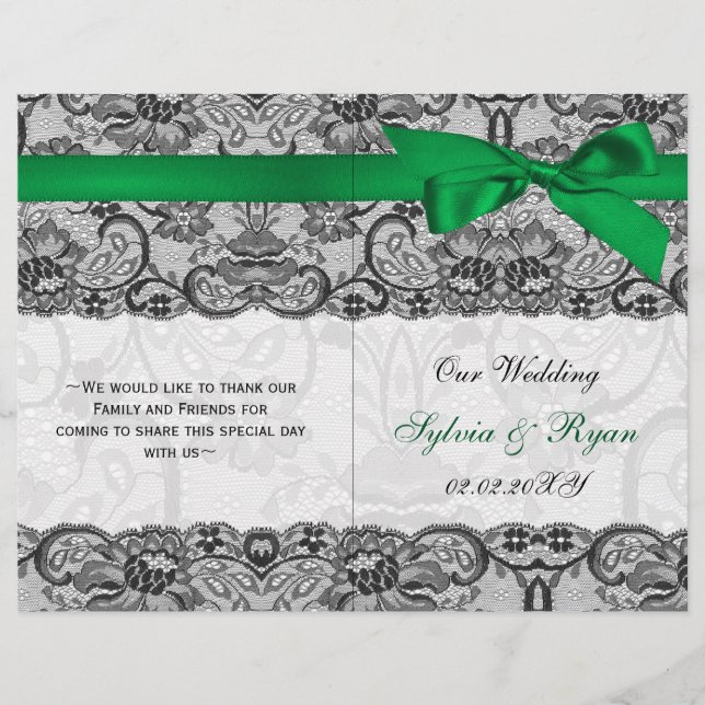 white lace,green ribbon book fold Wedding program (Front)