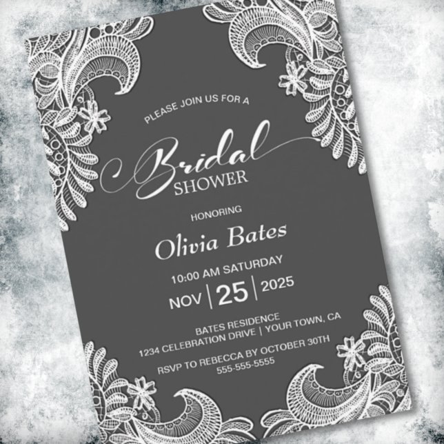 White Lace Grey Bridal Shower Invitation (Creator Uploaded)