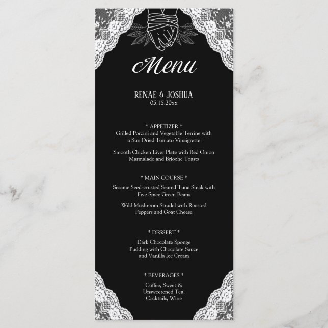 White Lace Handfasting Bound Hands Wedding Menu (Front)