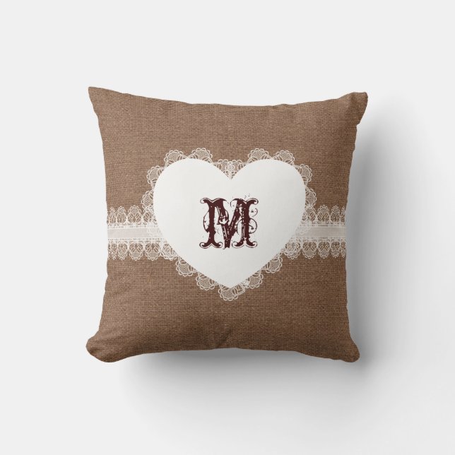 White Lace Heart Monogram on Burlap - Shabby Chic Cushion (Front)