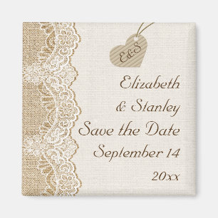 White lace & heart on burlap wedding Save the Date Magnet