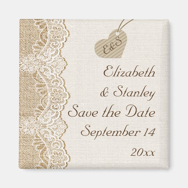 White lace & heart on burlap wedding Save the Date Magnet (Front)