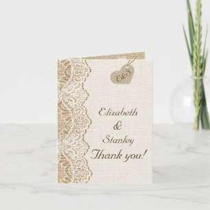 White lace & heart on burlap wedding Thank You Card