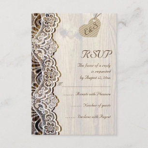 White lace & heart on wood wedding RSVP