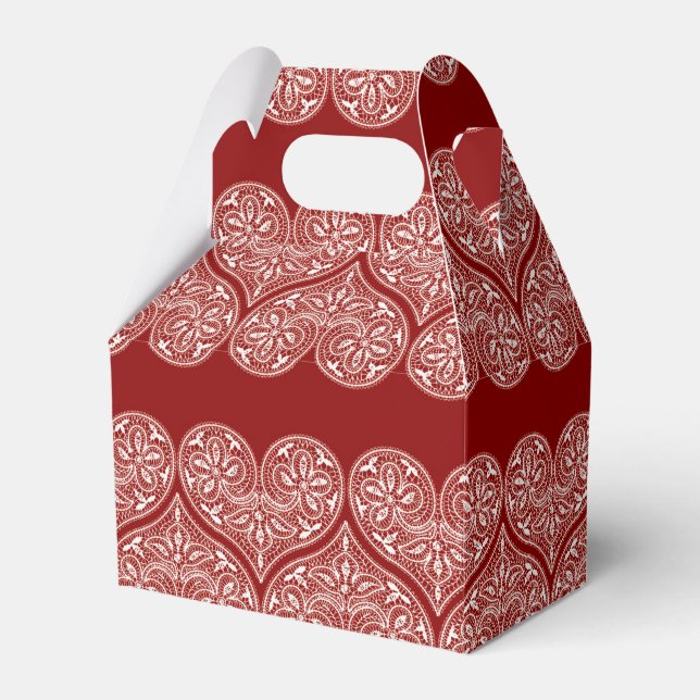 White Lace Hearts on a Rich Red Background Favour Box (Front Side)