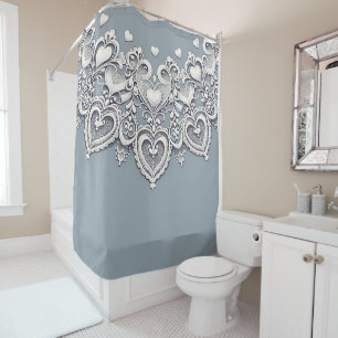 White Lace Hearts Romantic Charm Elegant Blue Shower Curtain