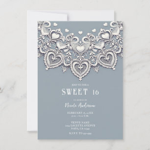 White Lace Hearts Romantic Charm Sweet 16 Invitation