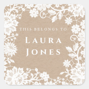White Lace Kraft Beautiful Bookplate Custom Name Square Sticker