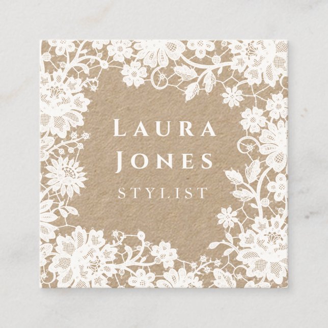 White Lace Kraft Square Stylist Profile Appointment Card (Front)