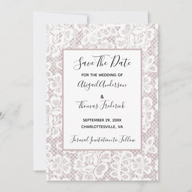 White Lace Mauve Dusty Rose Pink Save the Date  (Front)