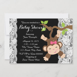 White Lace Monkey Baby Girl Shower Invitation