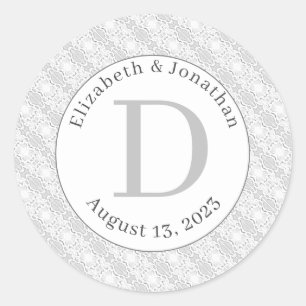 White Lace Monogrammed Wedding Classic Round Sticker