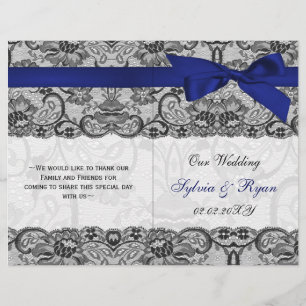 white lace,n blue ribbon book fold Wedding program