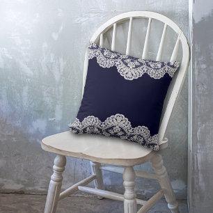White Lace Navy Blue Cushion