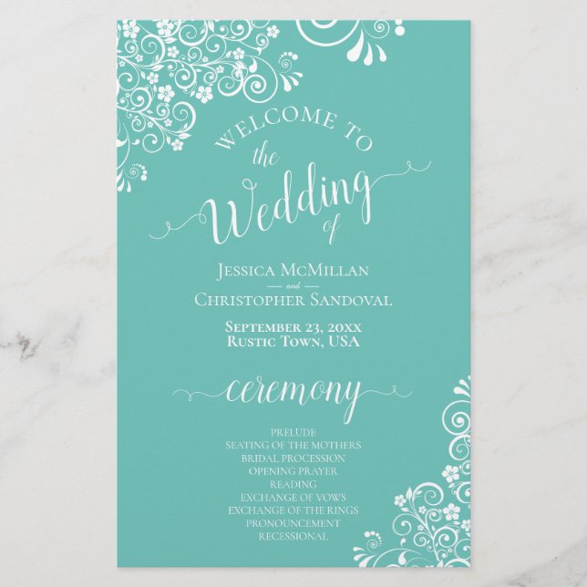 White Lace on Aqua Teal Budget Wedding Program (Front)