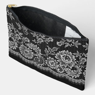 White Lace On Black Accessory Pouch