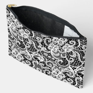 White Lace On Black Accessory Pouch