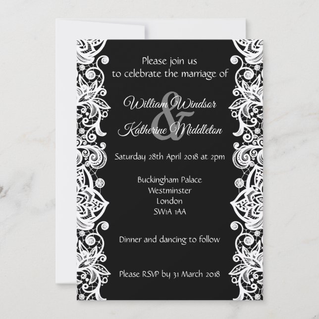 White lace on black background Wedding Invitation (Front)