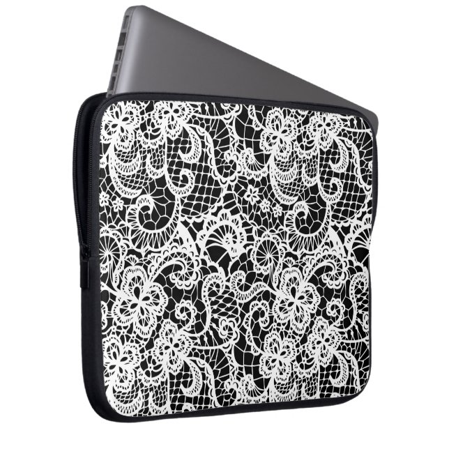 White Lace On Black  Laptop Sleeve (Front Right)