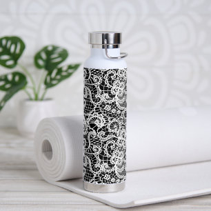White Lace On Black  Water Bottle