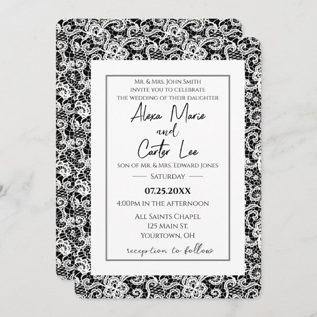 White Lace On Black Wedding Invite (Front/Back)