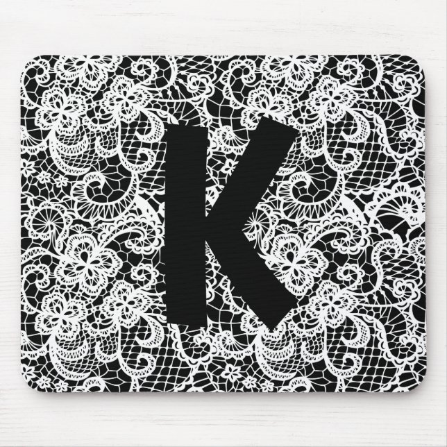 White Lace on Black with Monogram Mouse Pad (Front)