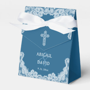White Lace on Blue Religious Wedding Tent Favour Box