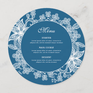 White Lace on Blue Round Menu