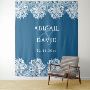 White Lace on Blue Wedding Backdrop Tapestry