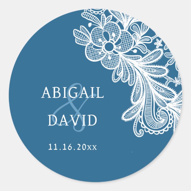 White Lace on Blue Wedding Classic Round Sticker (Front)