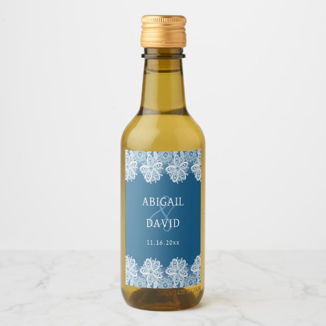 White Lace on Blue Wedding Mini Wine Label (Front)