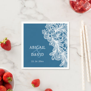 White Lace on Blue Wedding Napkin