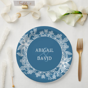 White Lace on Blue Wedding Paper Plate