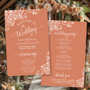 White Lace on Coral Orange Budget Wedding Program