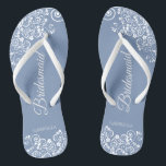 White Lace on Dusty Blue Bridesmaid Wedding Thongs<br><div class="desc">These beautiful wedding flip flops are a great way to thank and recognise your bridesmaids while saving their feet at the same time. Features a simple yet elegant design with white floral lace filigree on a dusty blue background. The elegant script lettering reads Bridesmaid with her name below. Great way...</div>