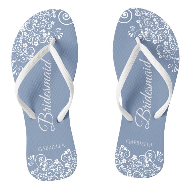 White Lace on Dusty Blue Bridesmaid Wedding Thongs (Footbed)