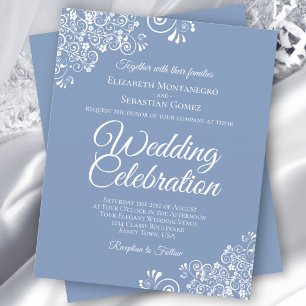 White Lace on Dusty Blue Budget Wedding Invitation