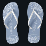 White Lace on Dusty Blue Maid of Honour Wedding Thongs<br><div class="desc">These beautiful wedding flip flops are a great way to thank and recognise your Maid of Honour while saving her feet at the same time. Features an elegant design with white floral lace filigree on a dusty blue background. The elegant script lettering reads Maid of Honour with her name below....</div>