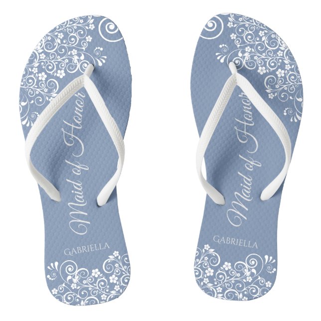 White Lace on Dusty Blue Maid of Honour Wedding Thongs (Footbed)