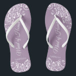 White Lace on Dusty Purple Maid of Honour Wedding Thongs<br><div class="desc">These beautiful wedding flip flops are a great way to thank and recognise your Maid of Honour while saving her feet at the same time. Features an elegant design with white floral lace filigree on a dusty purple, lilac, or lavender coloured background. The elegant script lettering reads Maid of Honour...</div>
