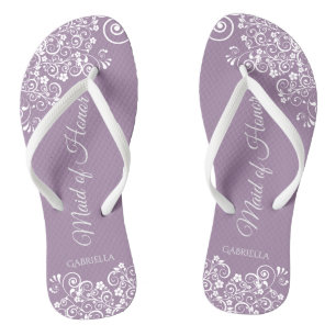 White Lace on Dusty Purple Maid of Honour Wedding Thongs