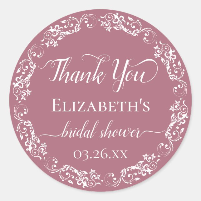 White Lace on Dusty Rose Bridal Shower Thank You Classic Round Sticker (Front)