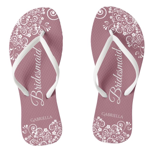 White Lace on Dusty Rose Bridesmaid Wedding Thongs (Footbed)