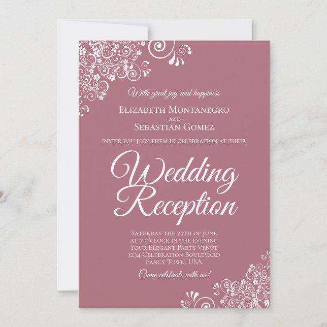 White Lace on Dusty Rose Elegant Wedding Reception Invitation (Front)