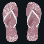 White Lace on Dusty Rose Maid of Honour Wedding Thongs<br><div class="desc">These beautiful wedding flip flops are a great way to thank and recognise your Maid of Honour while saving her feet at the same time. Features an elegant design with white floral lace filigree on a dusty rose or mauve pink background. The elegant script lettering reads Maid of Honour with...</div>